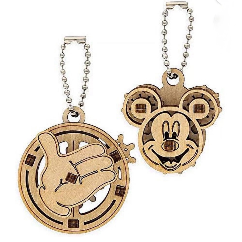 Disney Parks UGear Wooden Mickey Mouse and Glove Hand Puzzle Keychain Set